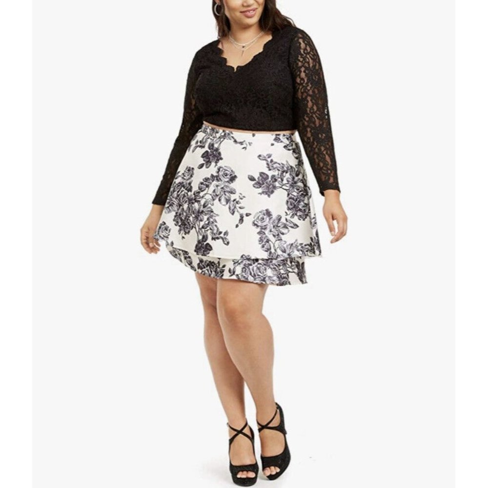 City Studio Women Lace Floral printed Black-Ivory skirt 24W